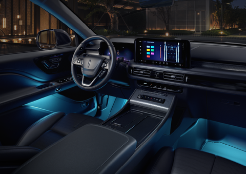 Deep blue ambient lighting glows from various places within a 2025 Lincoln Aviator® SUV. | West Point Lincoln in Houston TX