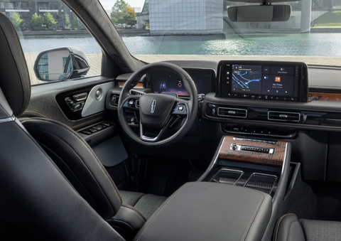 The interior of the 2025 Lincoln Aviator® SUV is shown parked with a view of a harbor through the windshield. | West Point Lincoln in Houston TX