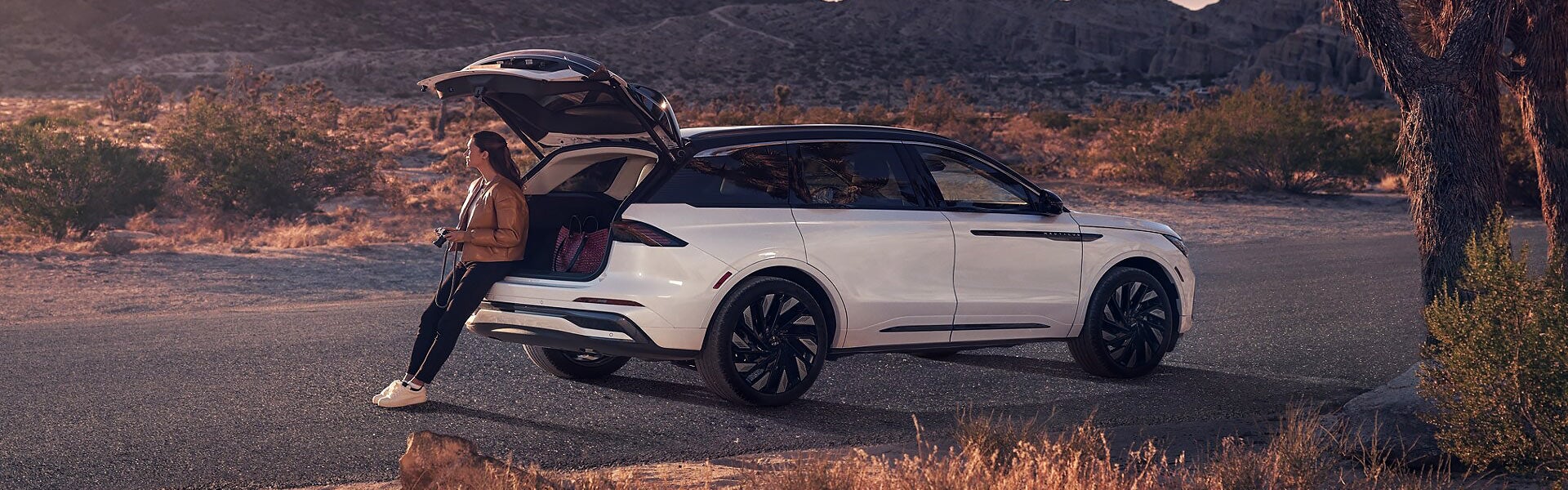 White SUV parked in a scenic desert landscape with the rear hatch open and a person standing beside the vehicle.